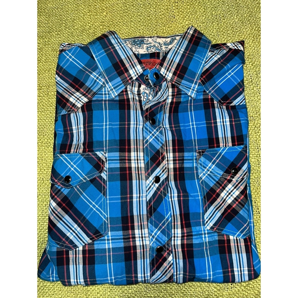 Patron Cito Red Label pearl snap shirt  Mens Xxxl Blue Plaid Western Flip Cuff